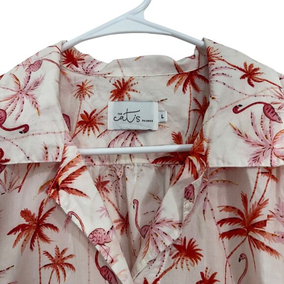 The Cats Pajamas Womens Button-Up Shirt Top SZ Large Flamingos/Palm Tree Print - Picture 2 of 11